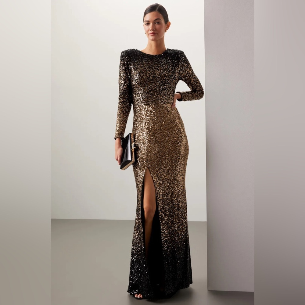 Dress The Population Kiera Gown Size S Gold & Black Ombré Sequin